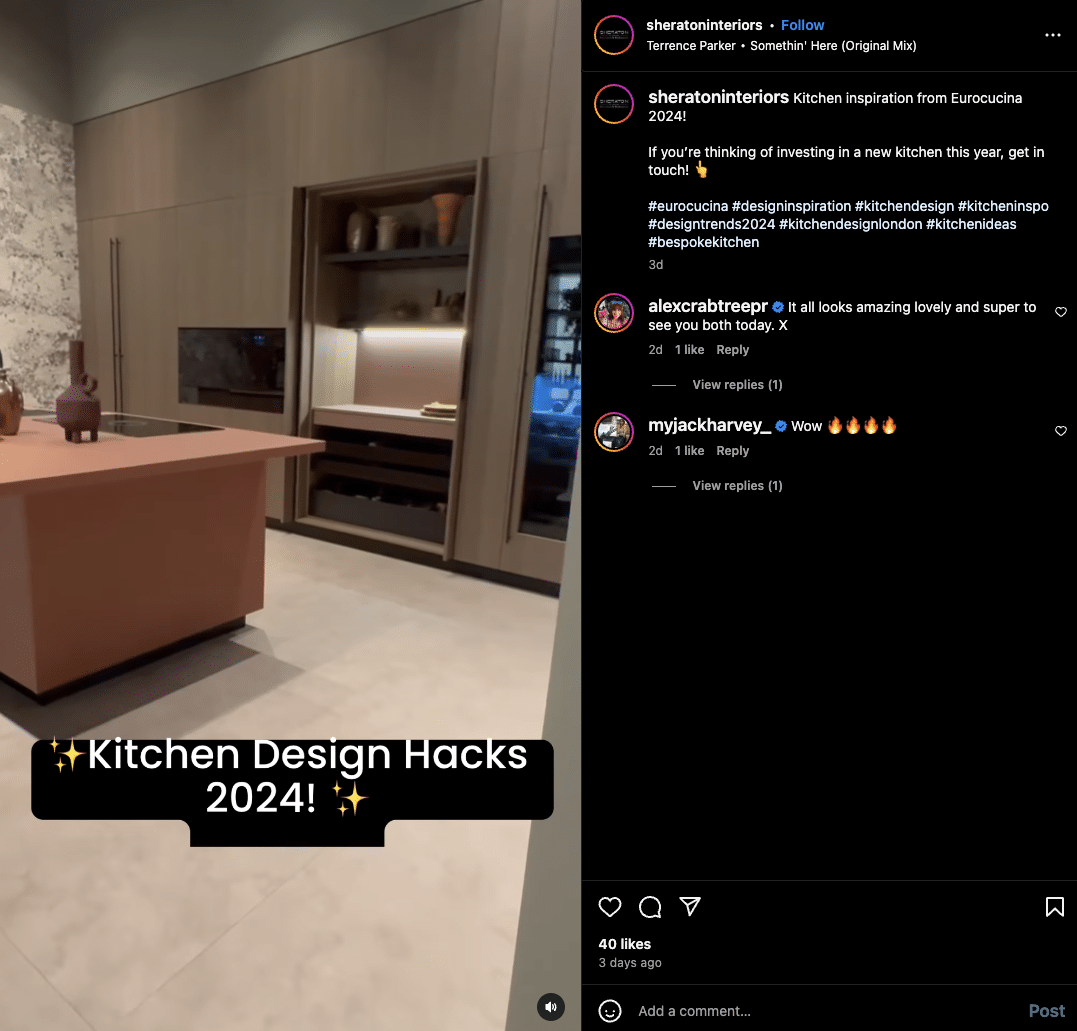 Screenshot of an Instagram Reel of a modern kitchen with text overlay reading "Kitchen Design Hacks 2024!"